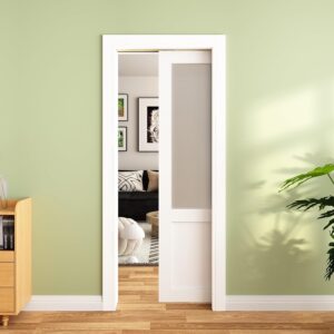 JUBEST 30"x80" Frosted Glass Pocket Door, Soft Close, White