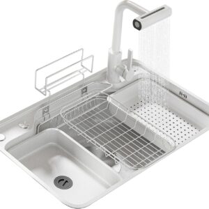 Premium 304 Stainless Farmhouse Sink w/ Glass Rinser - White