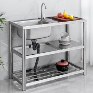 Stainless Steel Utility Sink w/ Workbench & Shelves 90x45x80cm