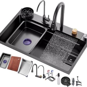 Large Black Stainless Steel Kitchen Sink with Waterfall Faucet