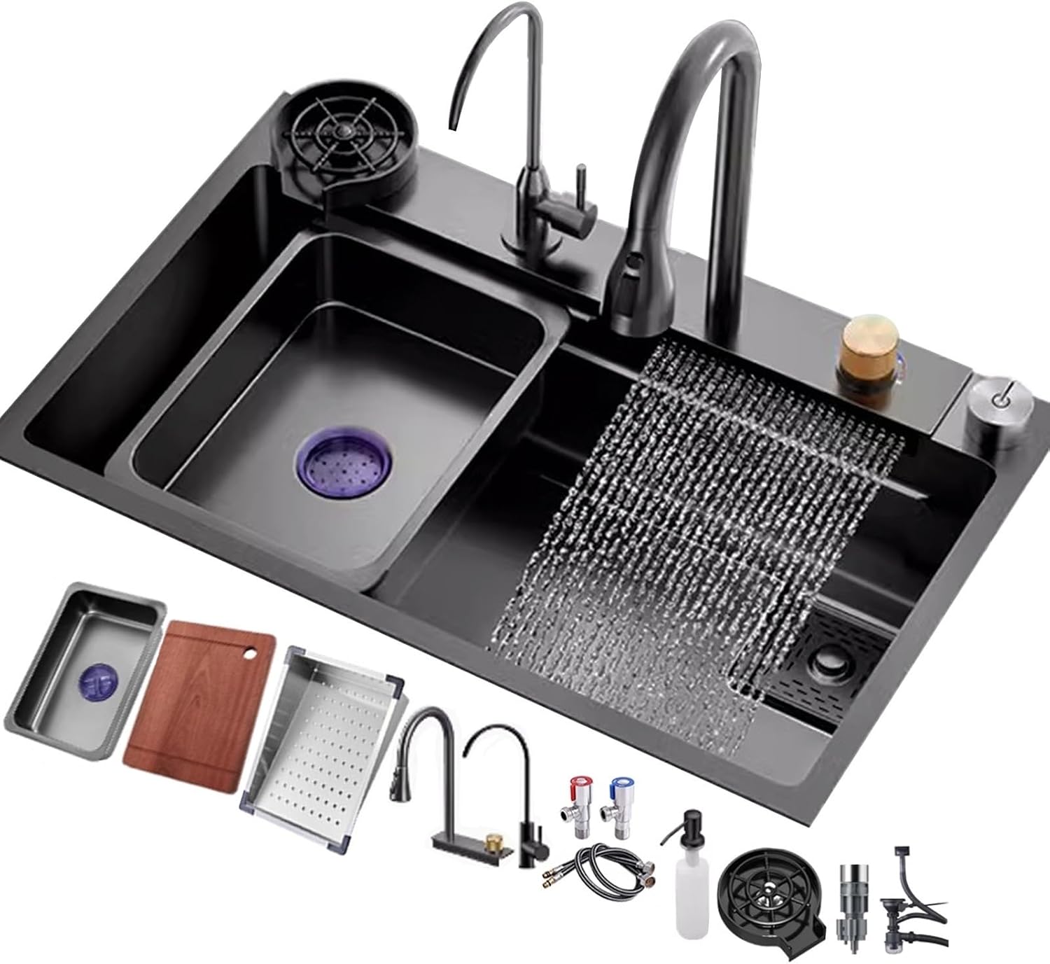 Large Black Stainless Steel Kitchen Sink with Waterfall Faucet
