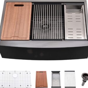 33" Black Farmhouse Kitchen Sink - VOKIM 16-Gauge Single Bowl