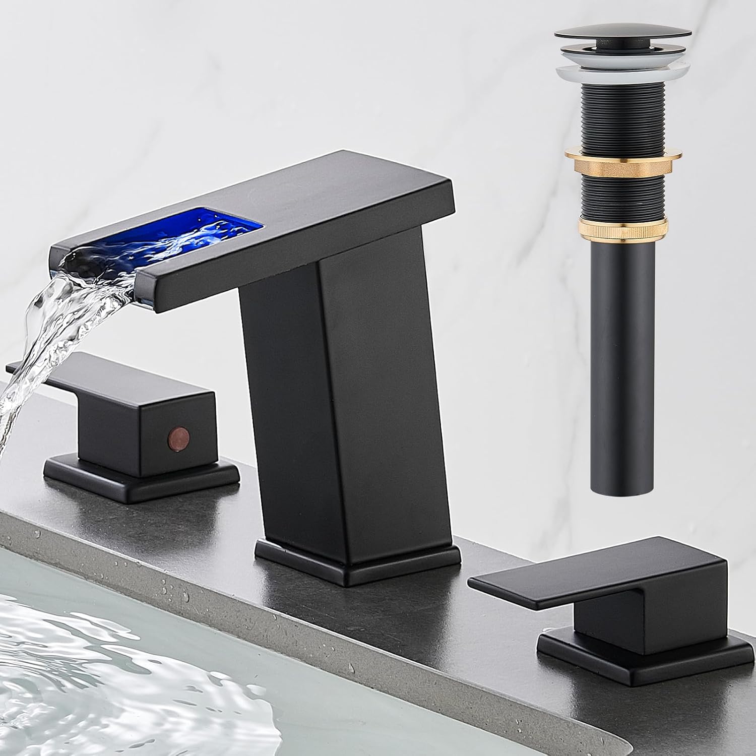 AVSIILE Matte Black LED Bathroom Faucet 8in, 3-Hole Style