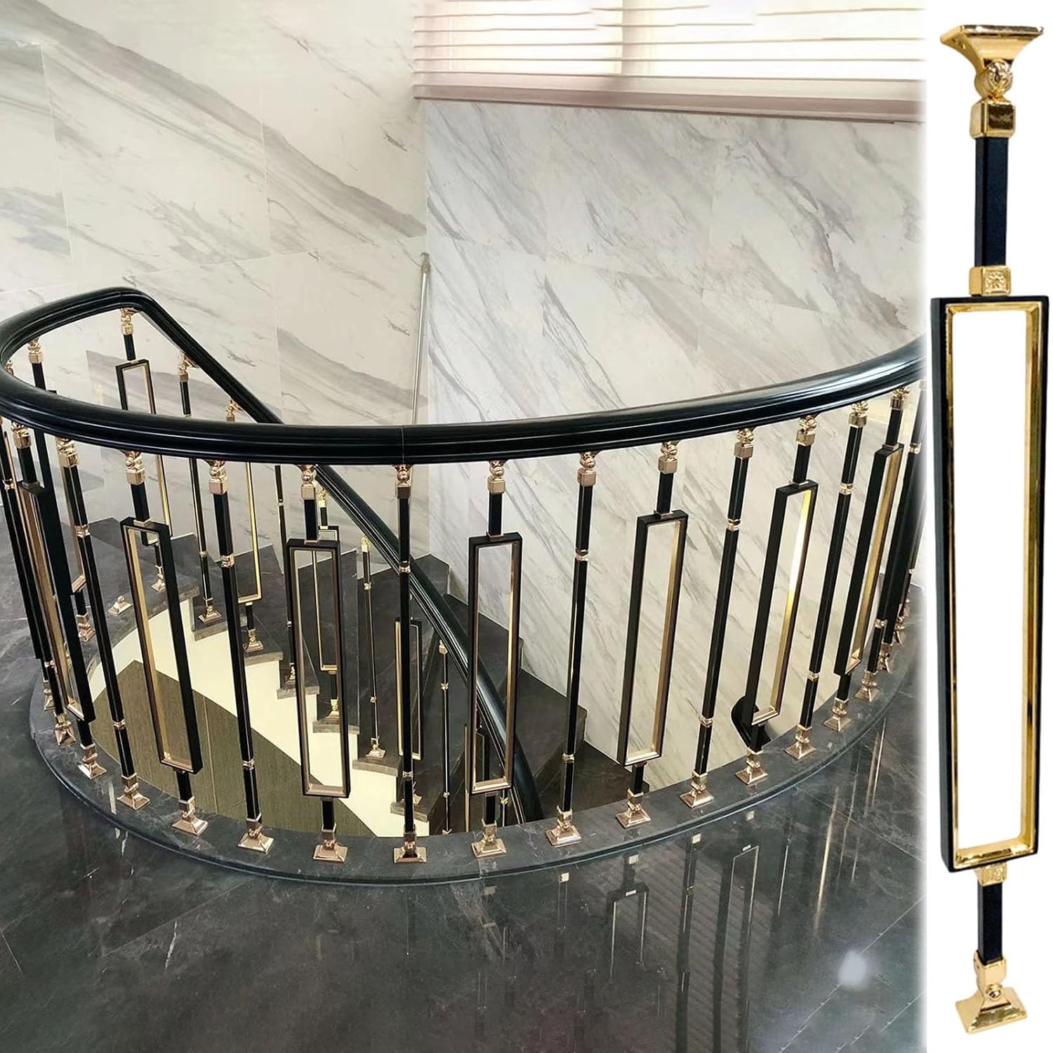 Black Aluminum Stair Balusters 37.4" w/ Gold Brackets