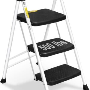 Soctone 3-Step Folding Ladder, 500 lbs, White
