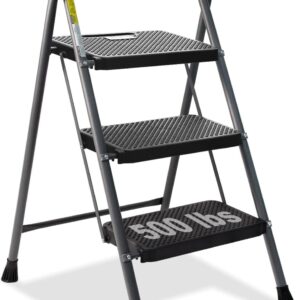 GOLYTON 3-Step Folding Ladder, 500 lbs, Grey