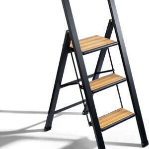 SORFEY 3-Step Folding Ladder, Bamboo & Black