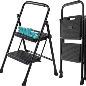 SMUG Foldable Step Stool, 2-Step, 800lbs Steel Ladder, Black