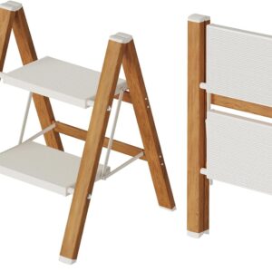 Mayi Plus 2-Step Aluminum Ladder, White/Woodgrain