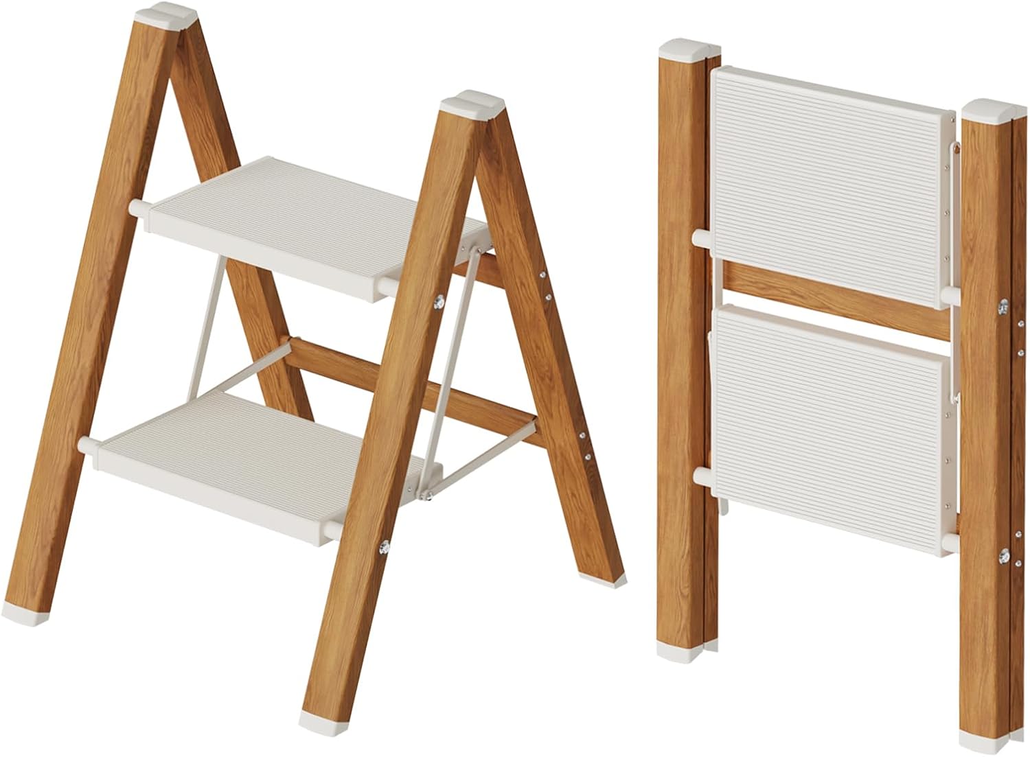 Mayi Plus 2-Step Aluminum Ladder, White/Woodgrain