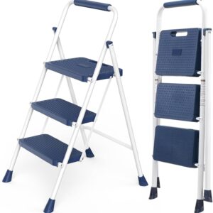 DUMOS 3-Step Folding Ladder - 800lb Heavy Duty Stool, Blue