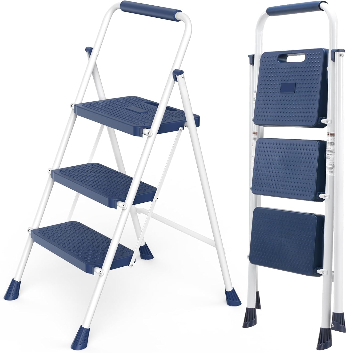 DUMOS 3-Step Folding Ladder - 800lb Heavy Duty Stool, Blue