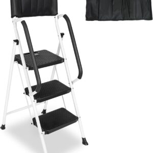 BLACKHORSE-RACING 3-Step Folding Ladder w/ Handrails & Tool Bag
