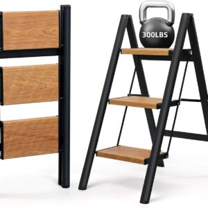 SOLADDER 3-Step Folding Ladder, 300 lbs, Black/Woodgrain