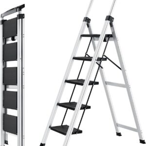 XinSunho 5-Step Aluminum Folding Ladder, 330 lbs Capacity