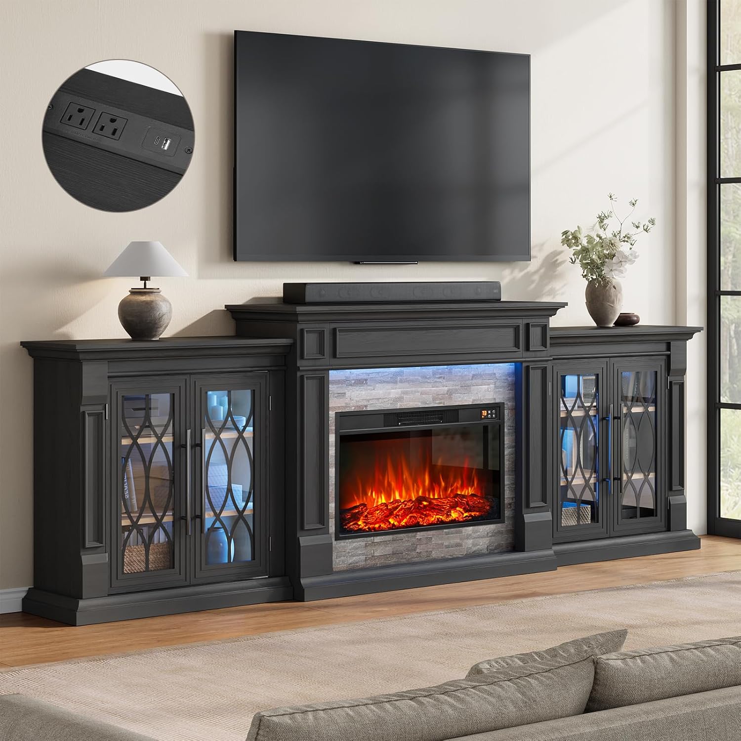 104" LED Fireplace TV Stand for 100" TVs - Black