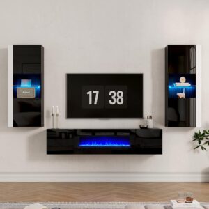 AMERLIFE Electric Fireplace TV Stand w/ Cabinets, Black/White