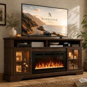 70" Fireplace TV Stand with Electric Fireplace, Up to 80", Brown Media Console