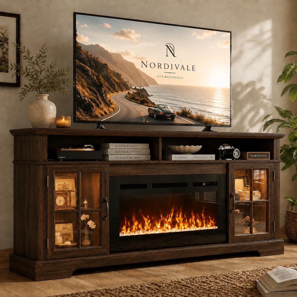 70" Fireplace TV Stand with Electric Fireplace, Up to 80", Brown Media Console