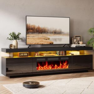 70" Floating TV Stand w/ 36" Fireplace, Black Media Console