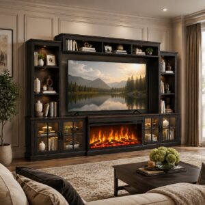 Black Farmhouse TV Stand w/ Fireplace, 98in Entertainment Center