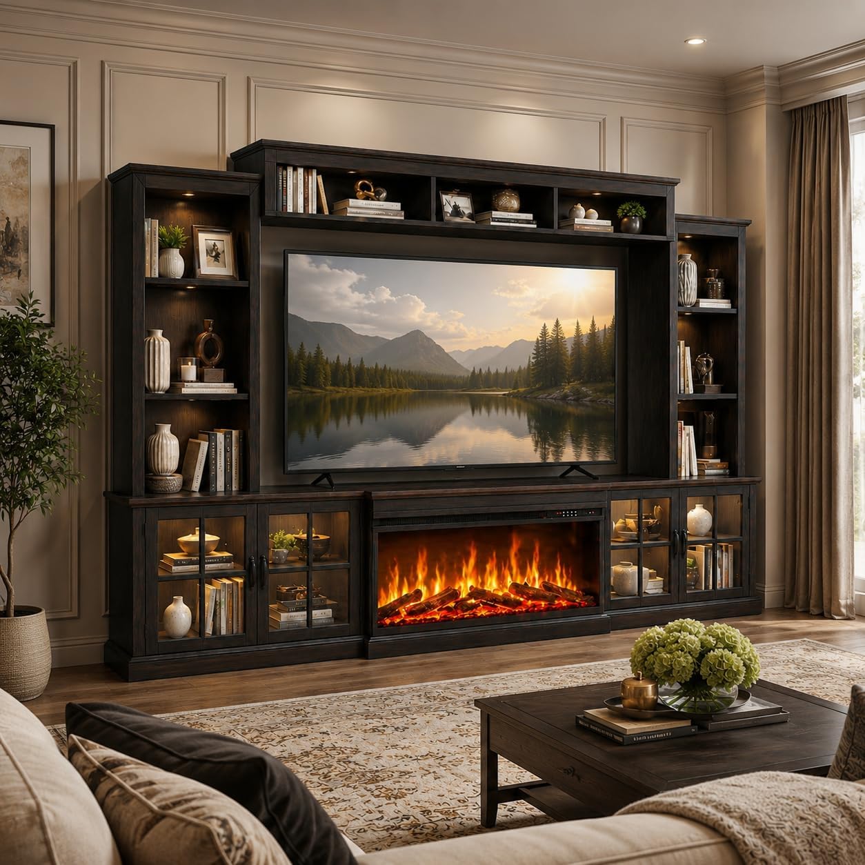 Black Farmhouse TV Stand w/ Fireplace, 98in Entertainment Center
