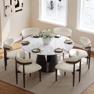 POVISON 59" Round Dining Table, White Sintered Stone & Carbon Base