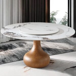 Wohh 59" Round Marble Dining Table w/ Lazy Susan