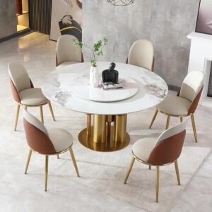 Luxury 59in Round Marble Dining Table w/ Lazy Susan