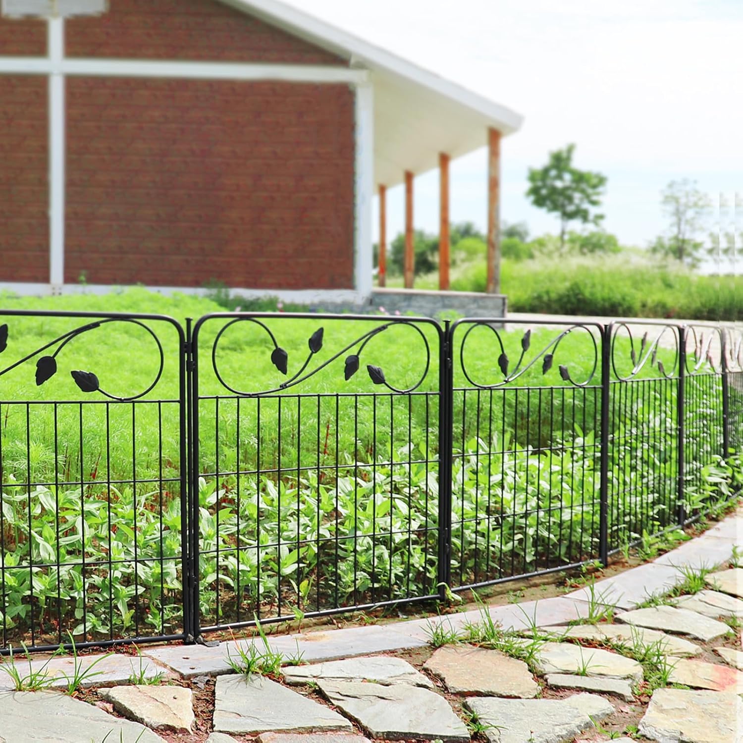 FOREHOGAR Black Garden Fence 16ft x 24in, 8-Panel Outdoor Border
