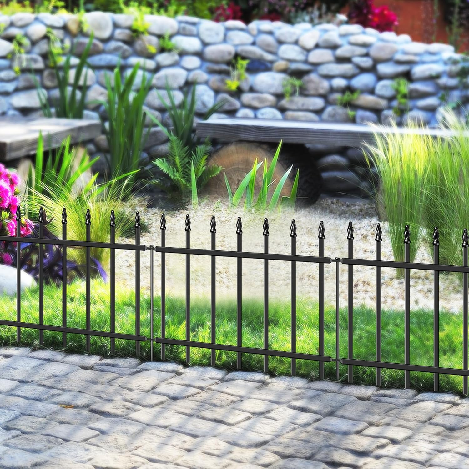 FOREHOGAR Black Metal Garden Fence, 18in H x 20ft L