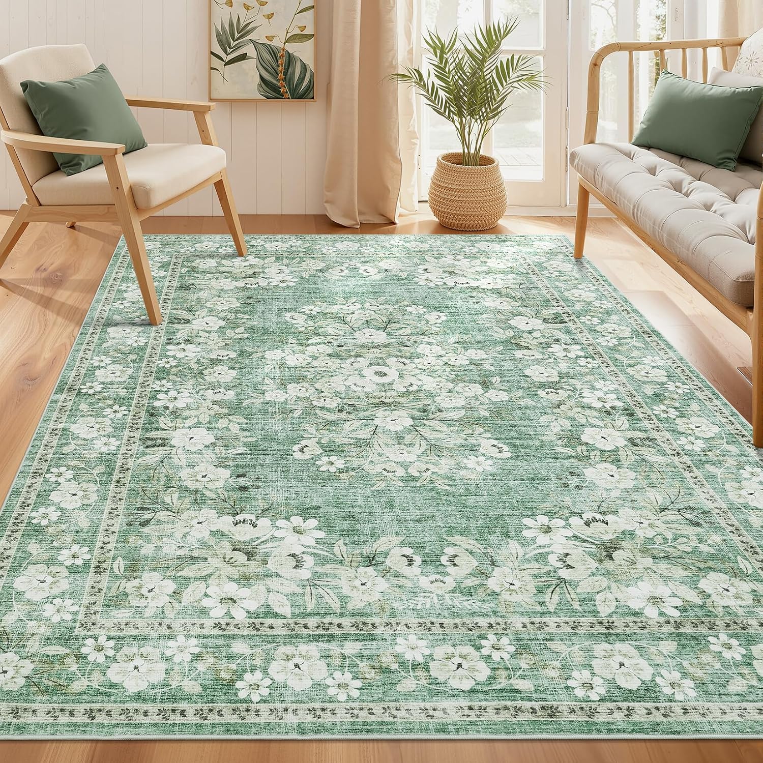 GarveeHome 3x5 Sage Floral Rug - Boho Accent Mat