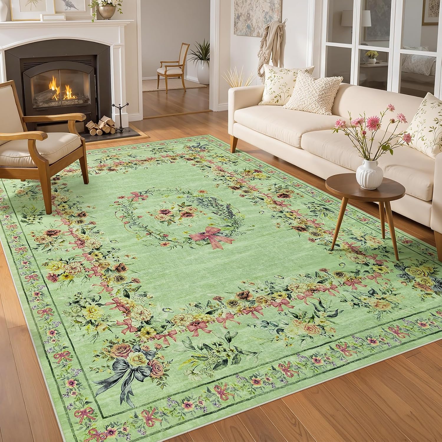 Joydeco Boho Floral 8x10 Sage Rug – Soft, Washable, Non-Slip