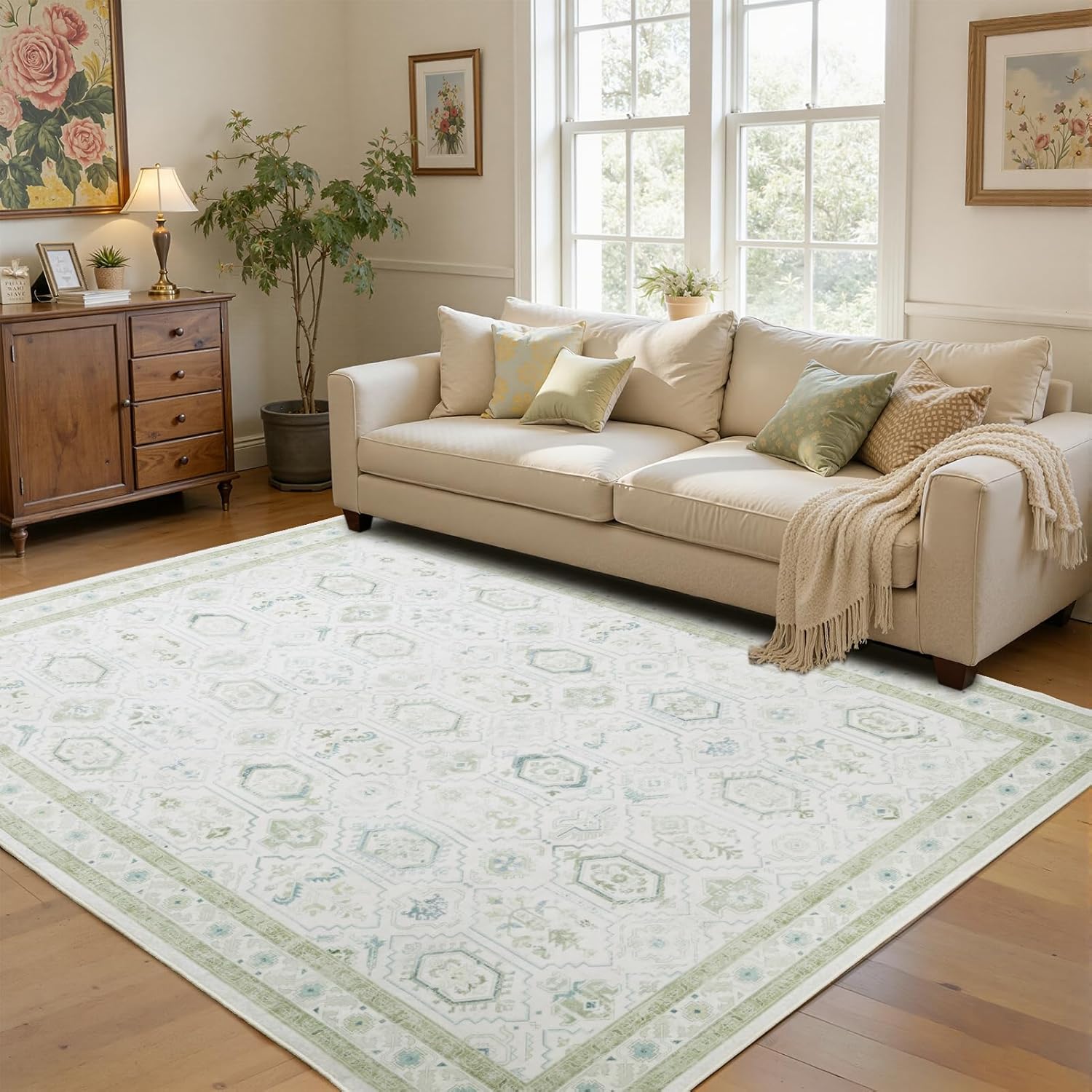 Vintage 4x6 Washable Rug – Soft & Non-Slip in Light Green