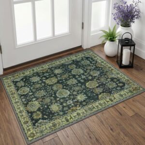 Lansny 2x3 Vintage Floral Rug – Washable Entry Mat, Green