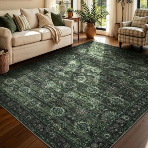 YIHOUSE Dark Green Floral Rug 6x9 Washable Non-Slip