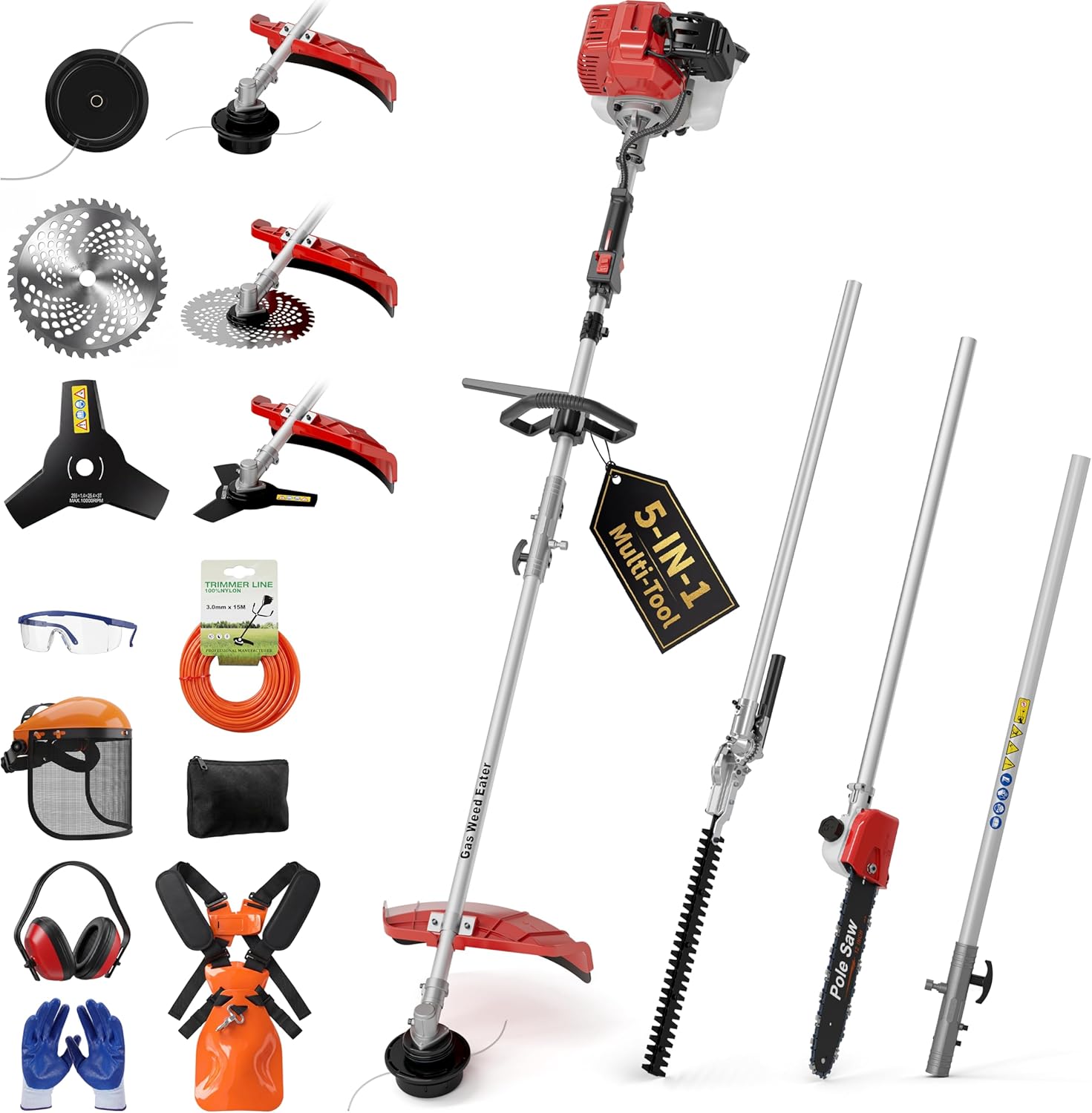 Relxxon 5-in-1 Gas Weed Wacker & Brush Cutter (Red)