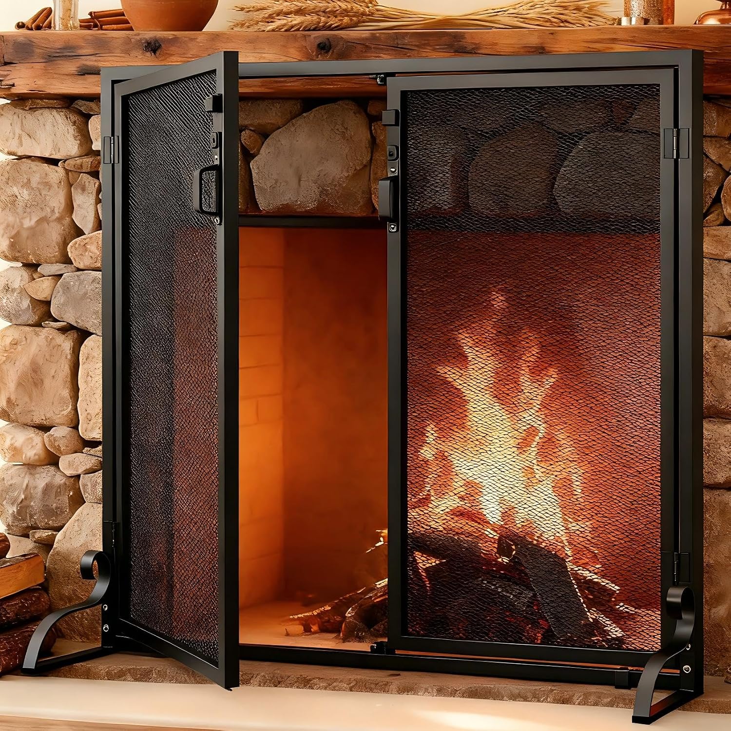 Gtongoko Fireplace Screen with Doors, Black 37.8"L x 30.7"H