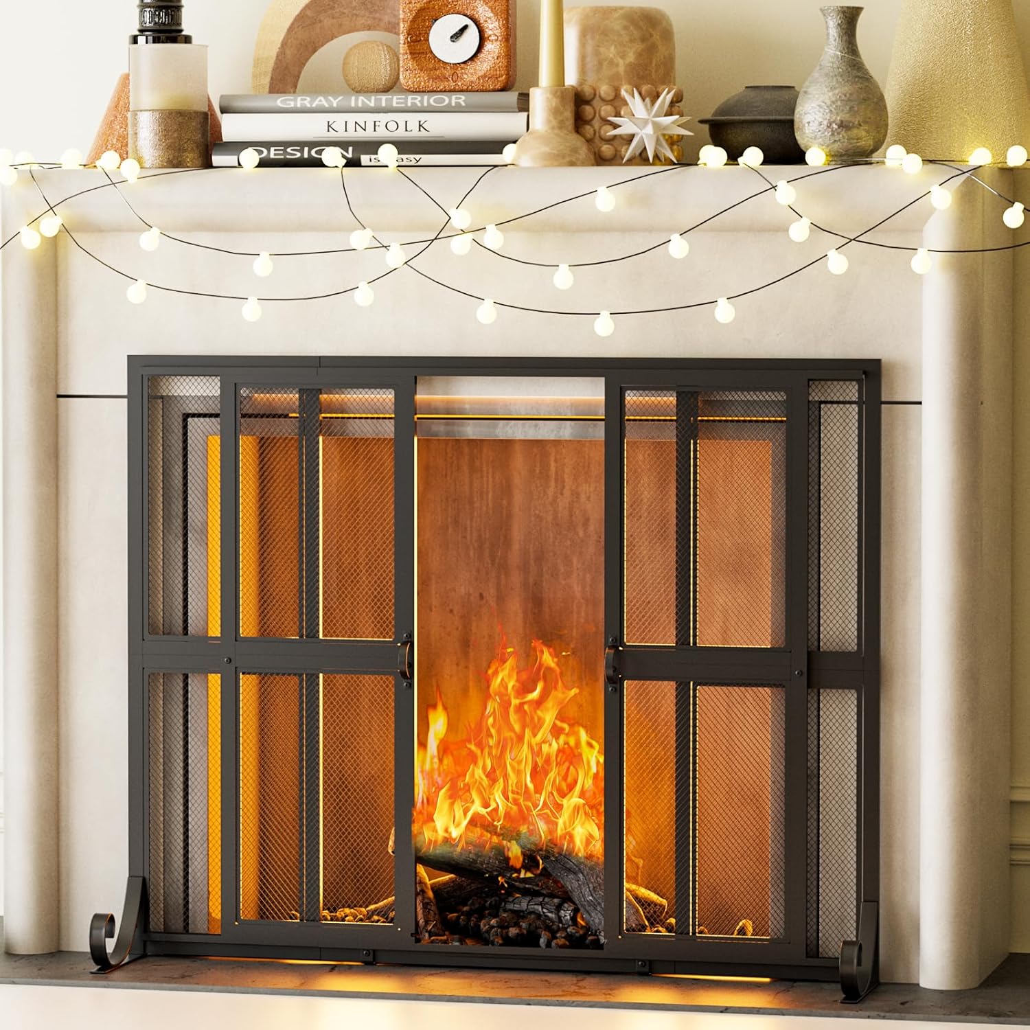 Wrought Iron Fireplace Screen w/ Sliding Doors, 38" W x 31" H