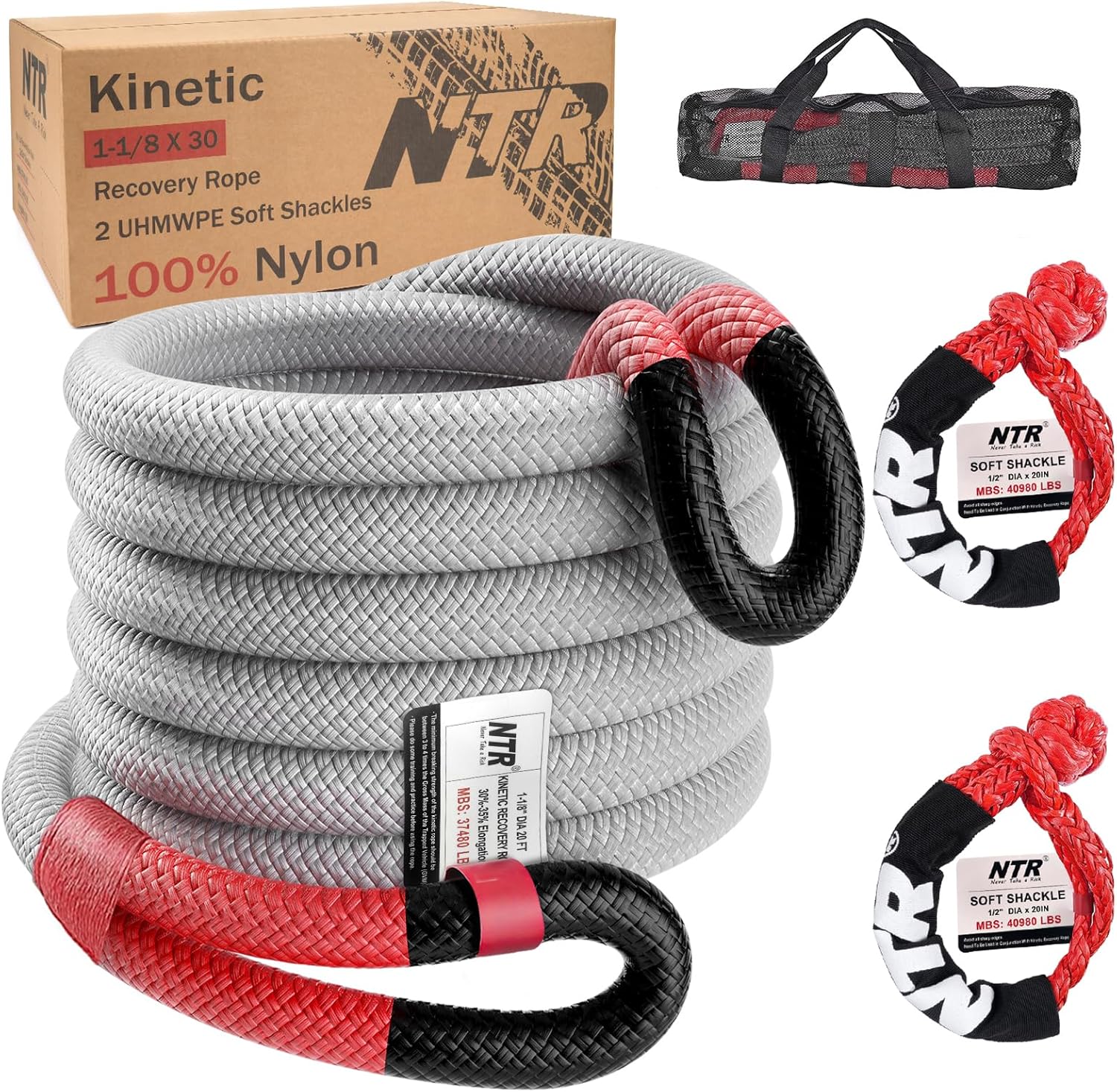 NTR 1-1/8" x 30' Kinetic Tow Rope (37,480 lbs) Kit