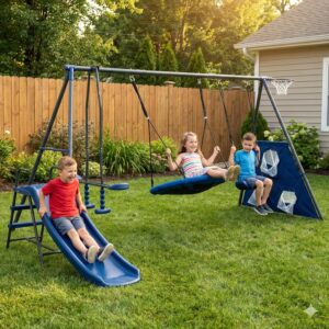 KDYMOD 6-in-1 Kids Metal Swing Set – Blue Playset