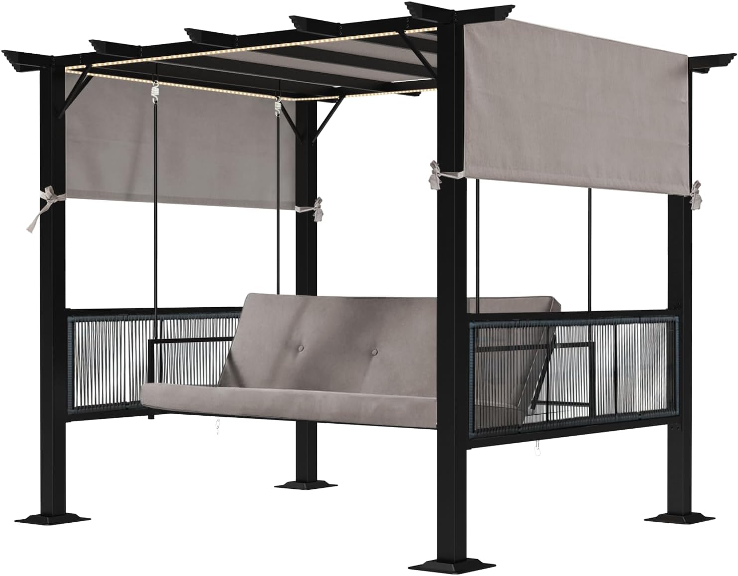 3-Seat Porch Swing with LED Lights & Canopy, Gray
