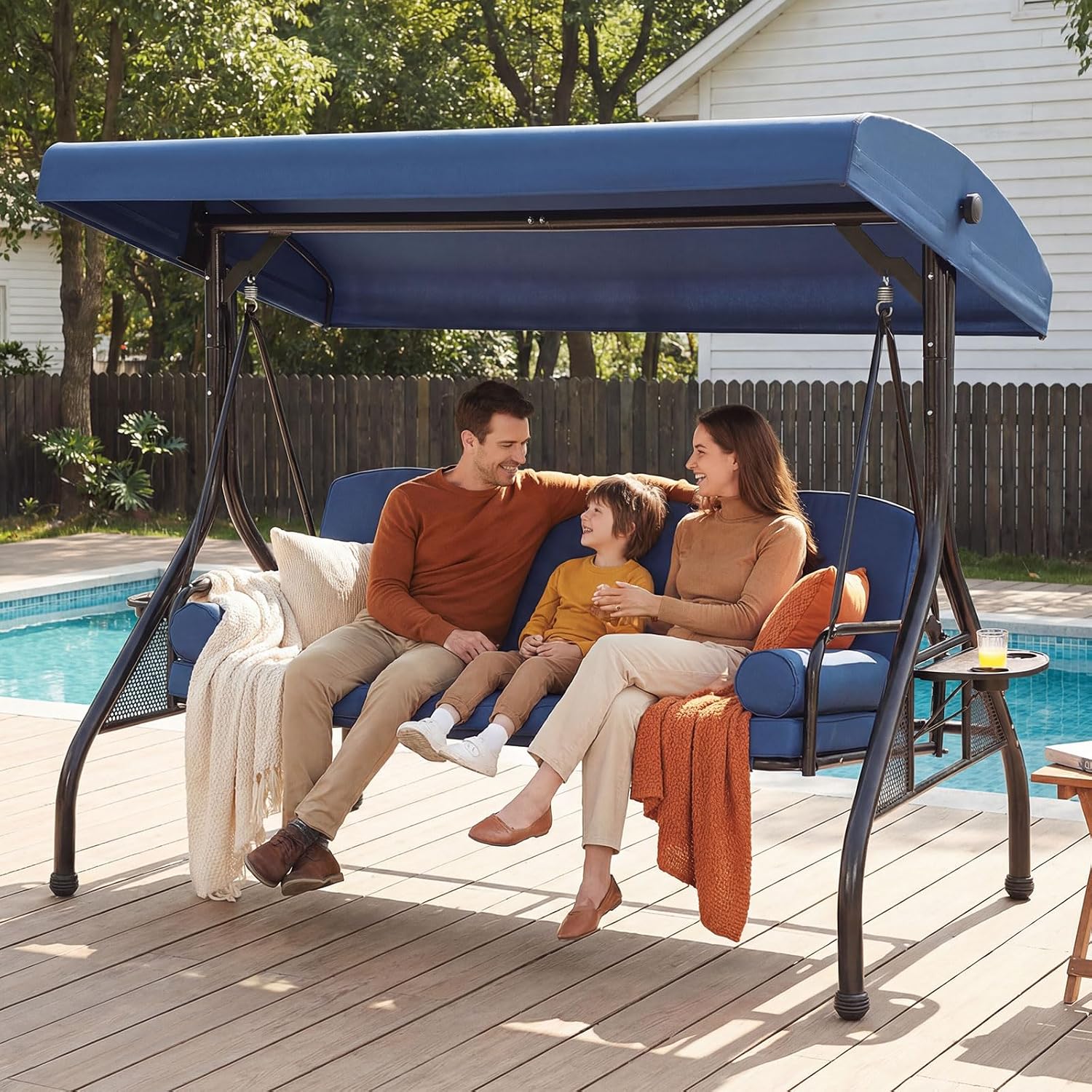 3-Seat Outdoor Porch Swing with Canopy, 800lbs - Blue