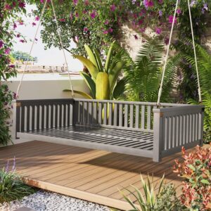 Acacia Wood Swing Bed for 2, Gray, Outdoor Lounger
