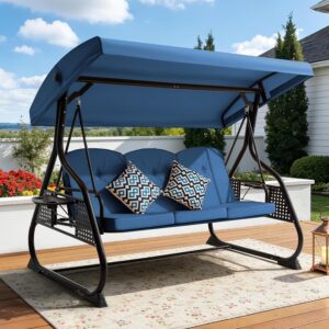 3-Seat Patio Swing with Adjustable Canopy & Backrest (Blue)
