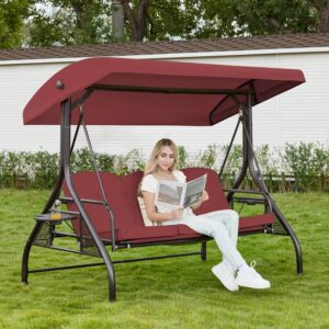 Oungelark 3 Seat Porch Swing w/ Canopy & Stand - Red