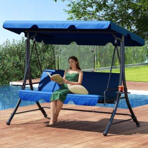 FUQARHY 3-Seat Patio Swing w/ Canopy & Tables (Blue)