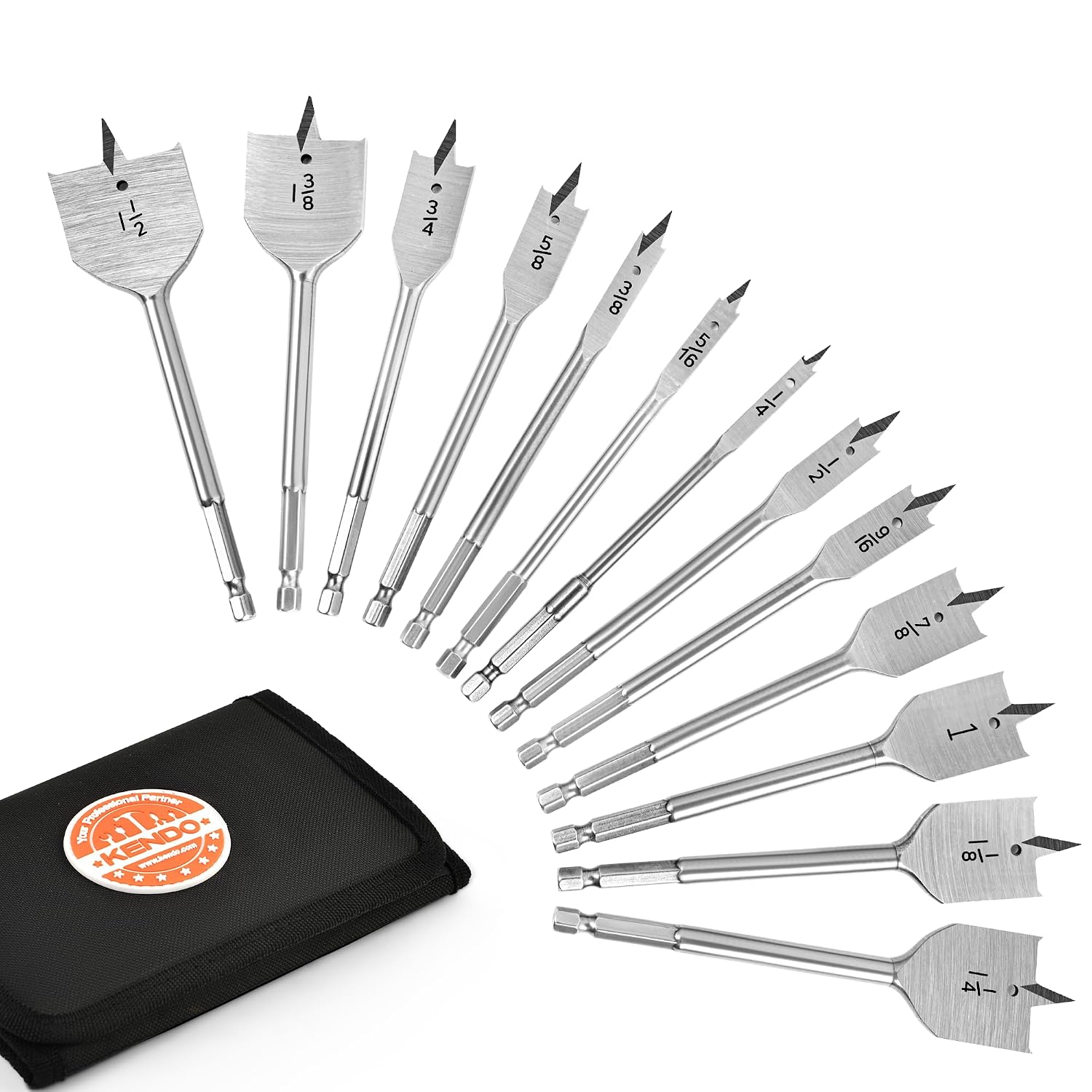 KENDO 13-Piece Spade Drill Bit Set, Alloy Steel