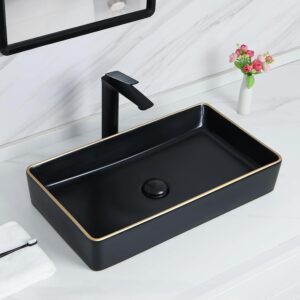 Davivy Matte Black Rectangular Vessel Sink, Gold Trim