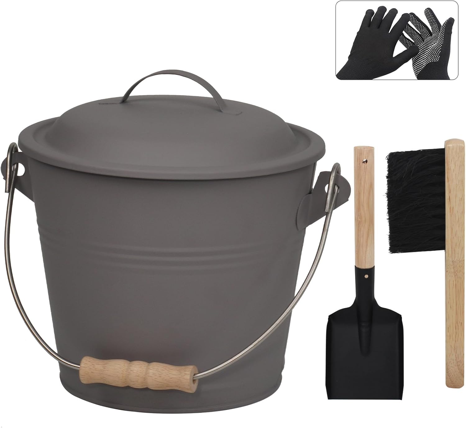 Poofzy Ash Bucket Set – 1.3 Gal with Lid & Tools (Gray)